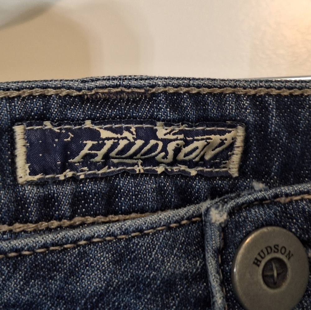 Hudson Denim Mini Skirt Rear Button Flap Pockets Lightly Distressed Size 30 - Picture 2 of 15